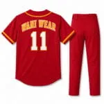 Red baseball jersey and pants with player name and number