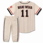 Back view of custom pinstripe baseball jersey and pants