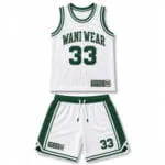 Custom white and green basketball uniform set front view