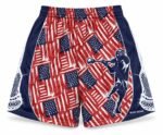 Customized lacrosse shorts front view with red white and navy flag print
