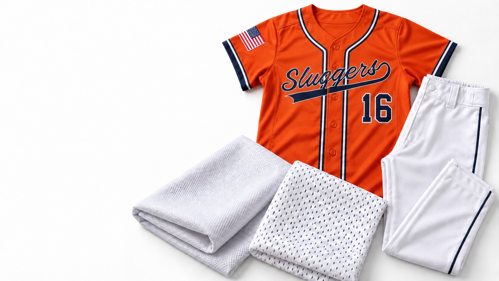 Orange Sluggers baseball jersey with number 16 displayed beside white baseball pants and polyester fabric swatches.
