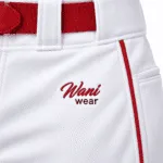 Custom baseball knickers in white with red piping and elastic cuffs