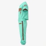 Side view of mint-green baseball uniform set