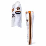 Side view of custom baseball jersey and matching pinstripe pants