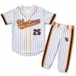 Custom white pinstripe baseball uniform with full-button jersey and pants