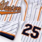 Custom baseball jersey buttons, piping, logo and reinforced stitching details