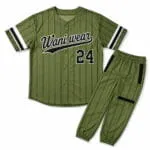 Side view of custom baseball jersey and matching pinstripe jogger pants