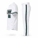 Side view of white baseball uniform with green piping