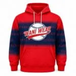 Custom sublimated baseball hoodie front view in red and navy