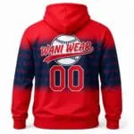 Personalized baseball hoodie back view with team logo and number