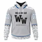 Custom baseball hoodie front view with team logo and player number