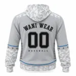 Personalized baseball team hoodie back view with custom name and number