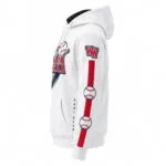Custom baseball hoodie side view with sublimated sleeve graphics