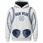 Custom baseball team hoodie front view with pinstripe and glove design