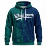 Teal and navy custom sublimated baseball hoodie front view