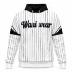 Custom baseball hoodie front view with black hood and white pinstripes