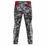 Custom camo baseball pants with baseball-stitch graphics front view