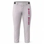 Custom grey pinstripe baseball pants with pink stripes front view