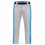 Custom grey open-bottom baseball pants with blue side stripes