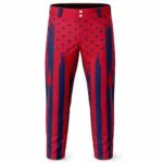 Red and navy custom sublimated baseball pants front view
