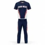Custom navy red and white baseball uniform set front view