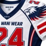 Close-up of custom football jersey fabric, logo, and stitching