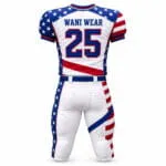 Back view of custom red white and blue football uniform