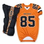 Front view of orange custom American football uniform by Wani Wear Select 82 more words to run Humanizer.