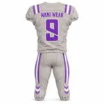 Custom grey and purple American football uniform back view