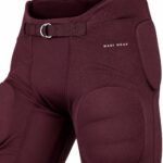 Front view of maroon custom American football pants with integrated pads and an adjustable D-ring belt.