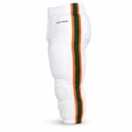 Custom padded football pants side view with green and orange stripes