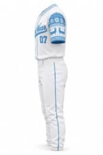 Side view white custom baseball uniform with blue piping