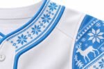 Close-up sublimated snowflake collar detail on custom baseball jersey