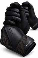 Close-up of custom batting gloves showing knuckle padding, vented shield and branded strap