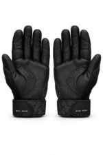 Black custom batting gloves with ventilated impact shield and hook-and-loop wrist closure