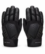 Custom baseball batting gloves in black leather with padded knuckle guard and Wani Wear wrist strap