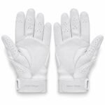 Palm view of white custom batting gloves showing perforated leather grip panels