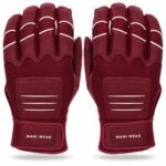 Palm view of padded batting gloves with perforated leather grip panels