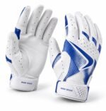 White and blue mesh batting gloves with vented wrist strap and gradient back panel
