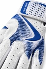 Close-up of mesh batting gloves showing blue gradient mesh and perforated leather