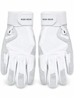 White long cuff batting gloves with ribbed extended wrist and pebbled grip panels