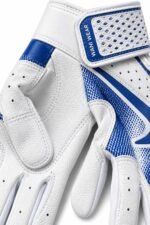 Close-up of mesh batting gloves showing blue gradient mesh and perforated leather