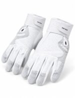 Angled view of long cuff batting gloves showing perforated leather and Wani Wear badge