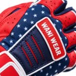 Close-up of american flag batting gloves showing raised Wani Wear rubber badge