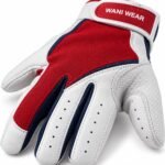 Close-up of red batting gloves showing knit stretch panel and Wani Wear wrist band