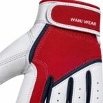 Close-up of red batting gloves showing knit stretch panel and Wani Wear wrist band