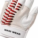 Close-up of baseball seam batting gloves showing red lace print and leather texture