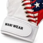 Close-up of patriotic batting gloves showing red lace print over faded flag stripes