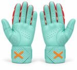 Palm view of mint softball batting gloves with dense perforation and reinforced heel