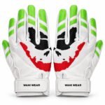Custom printed batting gloves with full panel graphic print and green padded finger caps